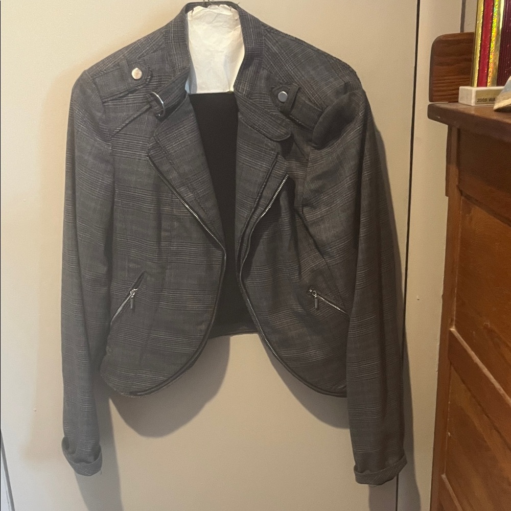 Womens Gray Plaid Moto Jacket